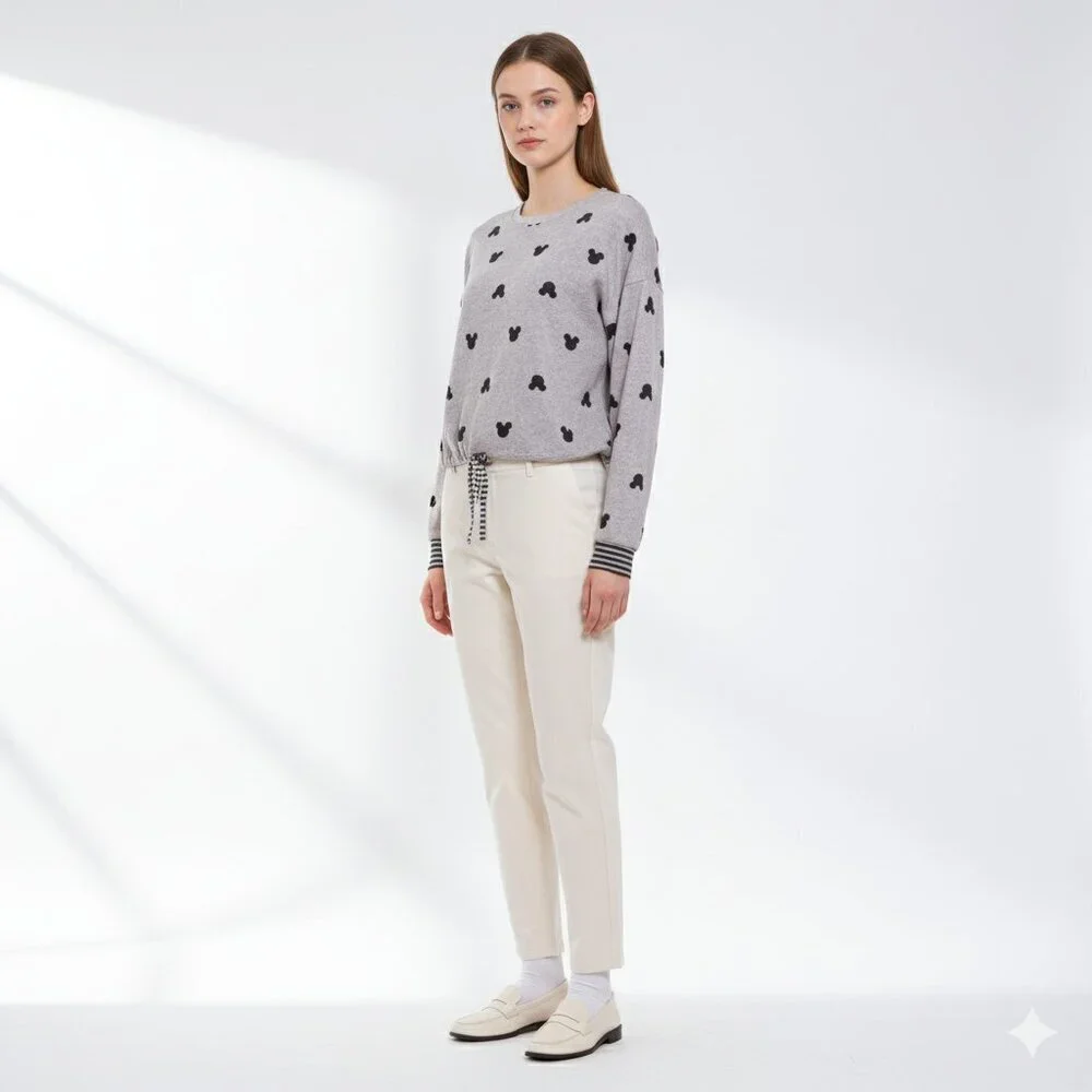 Disney Mickey Mouse Crew Neck Draw String‎ Pull Over Sweater Gray Women Size XS